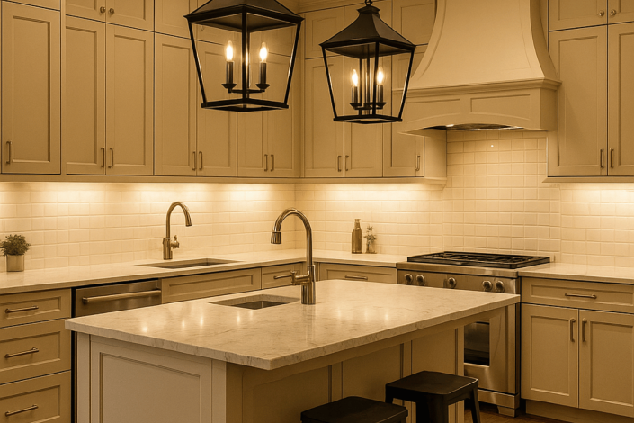 A beautifully lit kitchen design, showcasing various lighting options and a sophisticated layout that inspires kitchen remodel ideas.