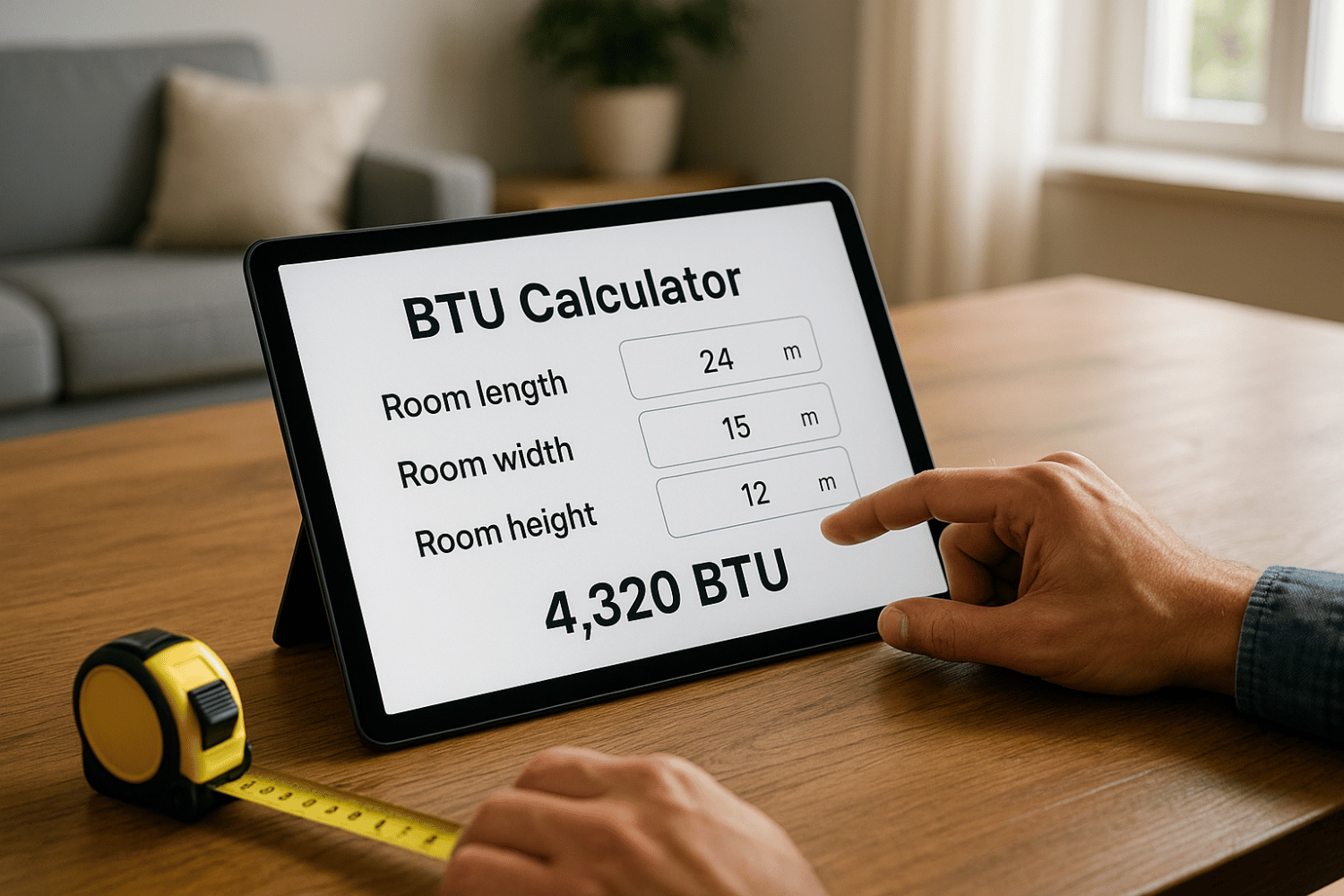 A person using a BTU calculator to determine the required BTUs for their space.