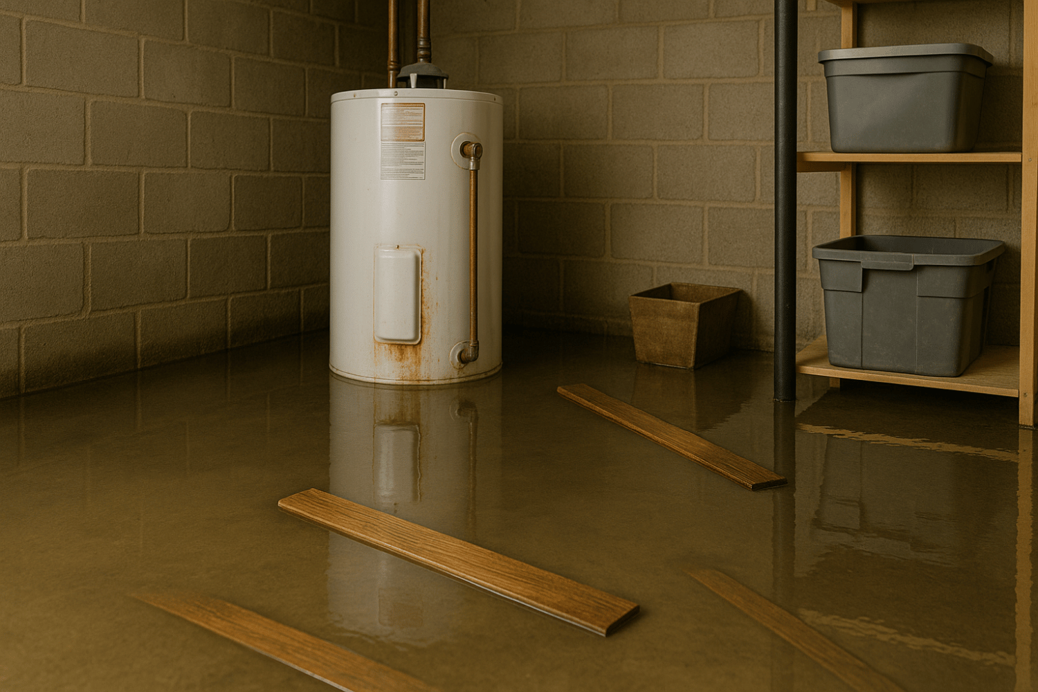 A basement flooded with water damage from a burst water heater tank, showing soaked building materials and personal belongings scattered around.A basement flooded with water damage from a burst water heater tank, showing soaked building materials and personal belongings scattered around.