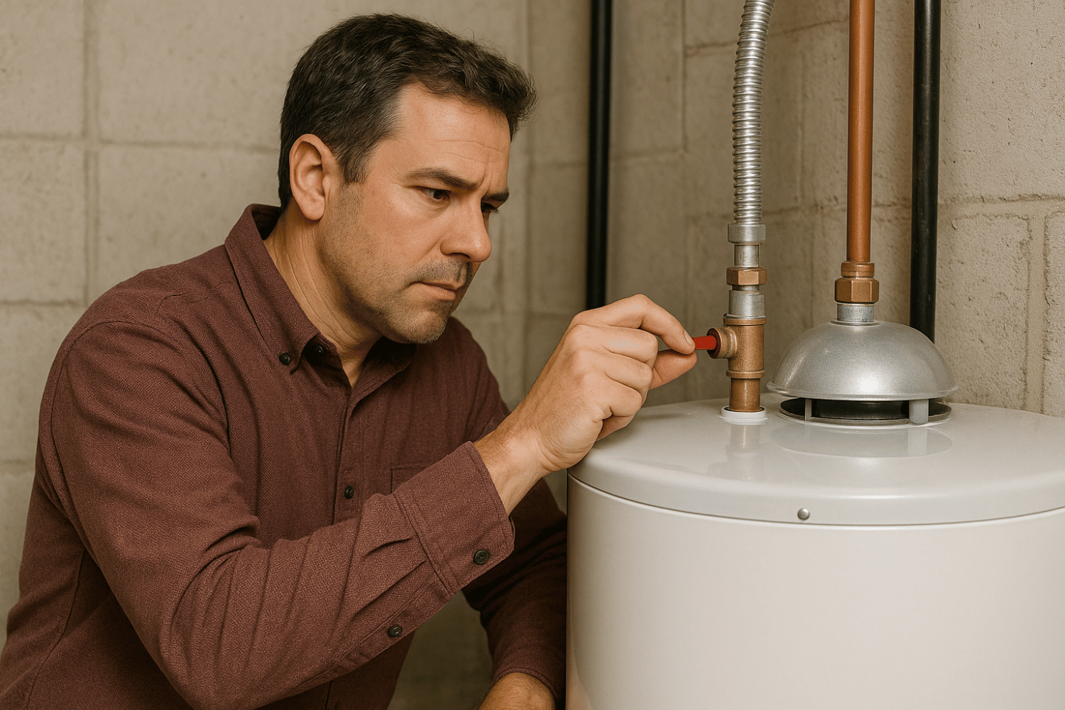 A homeowner is inspecting the pressure relief valve on a water heater, ensuring proper maintenance of the water heating system to prevent potential water damage.
