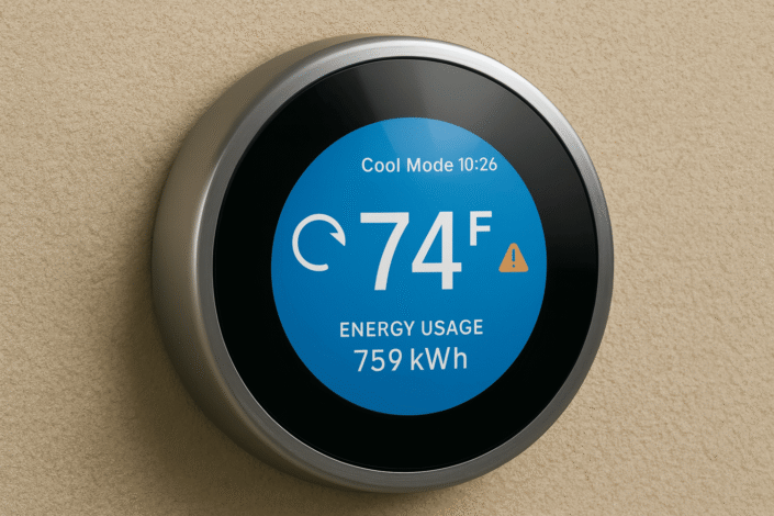 A modern smart thermostat is shown, prominently displaying real-time energy usage data and maintenance alerts for the HVAC system
