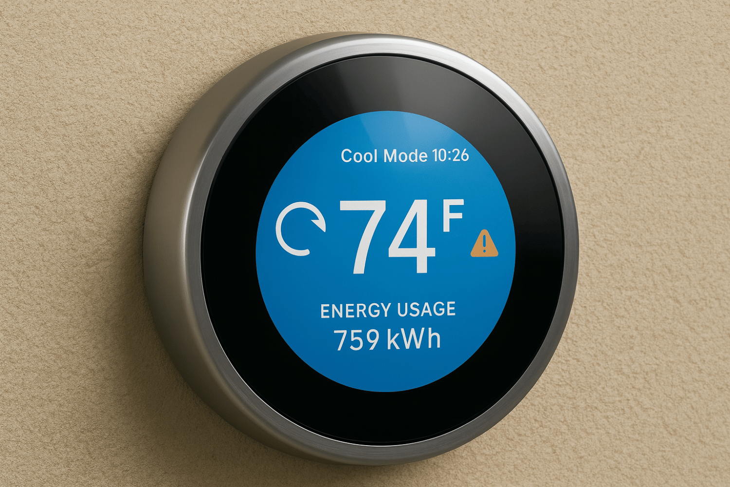 A modern smart thermostat is shown, prominently displaying real-time energy usage data and maintenance alerts for the HVAC system