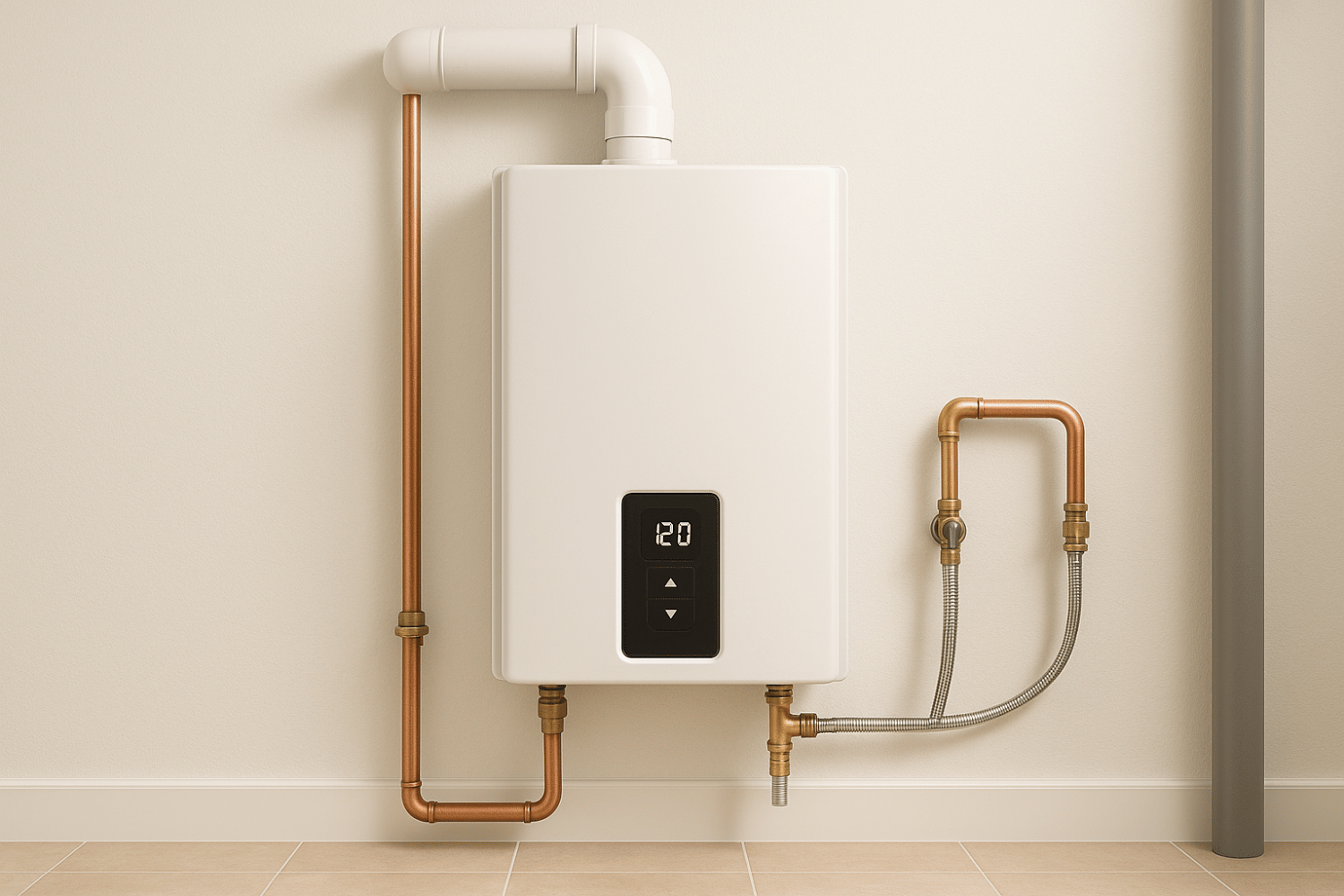 A modern water heater is installed in a residential utility room, showcasing a sleek design and efficient heat pump technology that provides enough hot water for household needs.