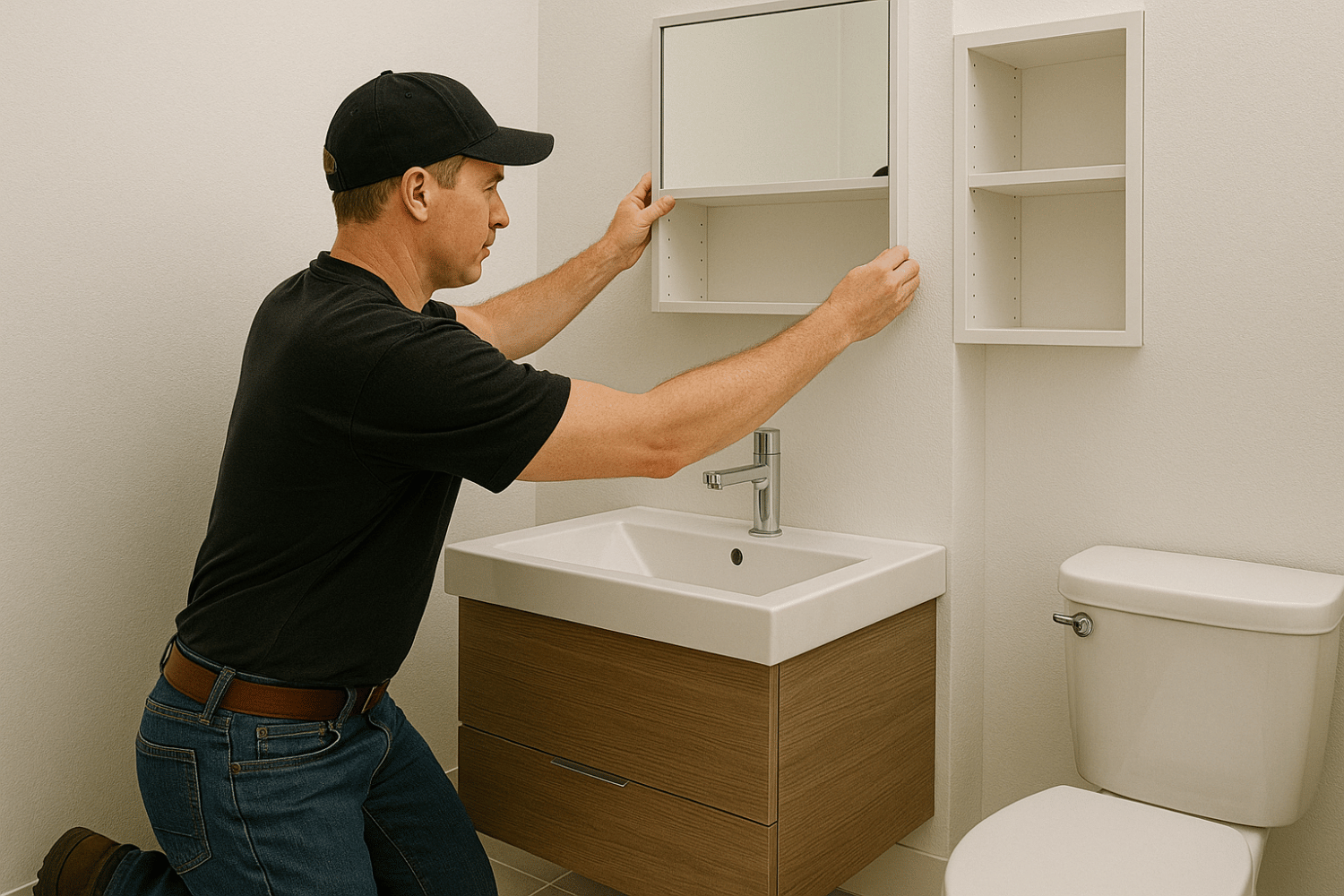 A professional contractor is seen installing fixtures in a small bathroom