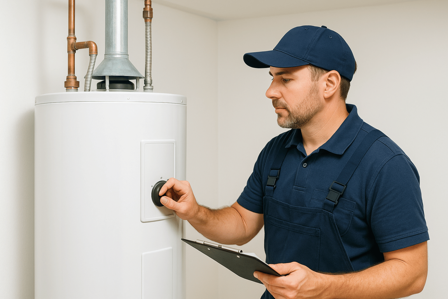 A professional plumber is inspecting a residential water heater in a basement, checking the unit for proper functionality and maintenance.
