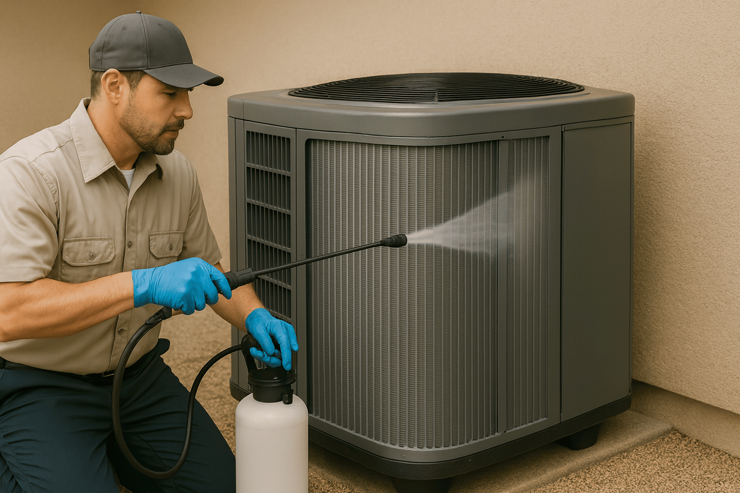 A professional technician is cleaning the outdoor condenser coils of an HVAC system