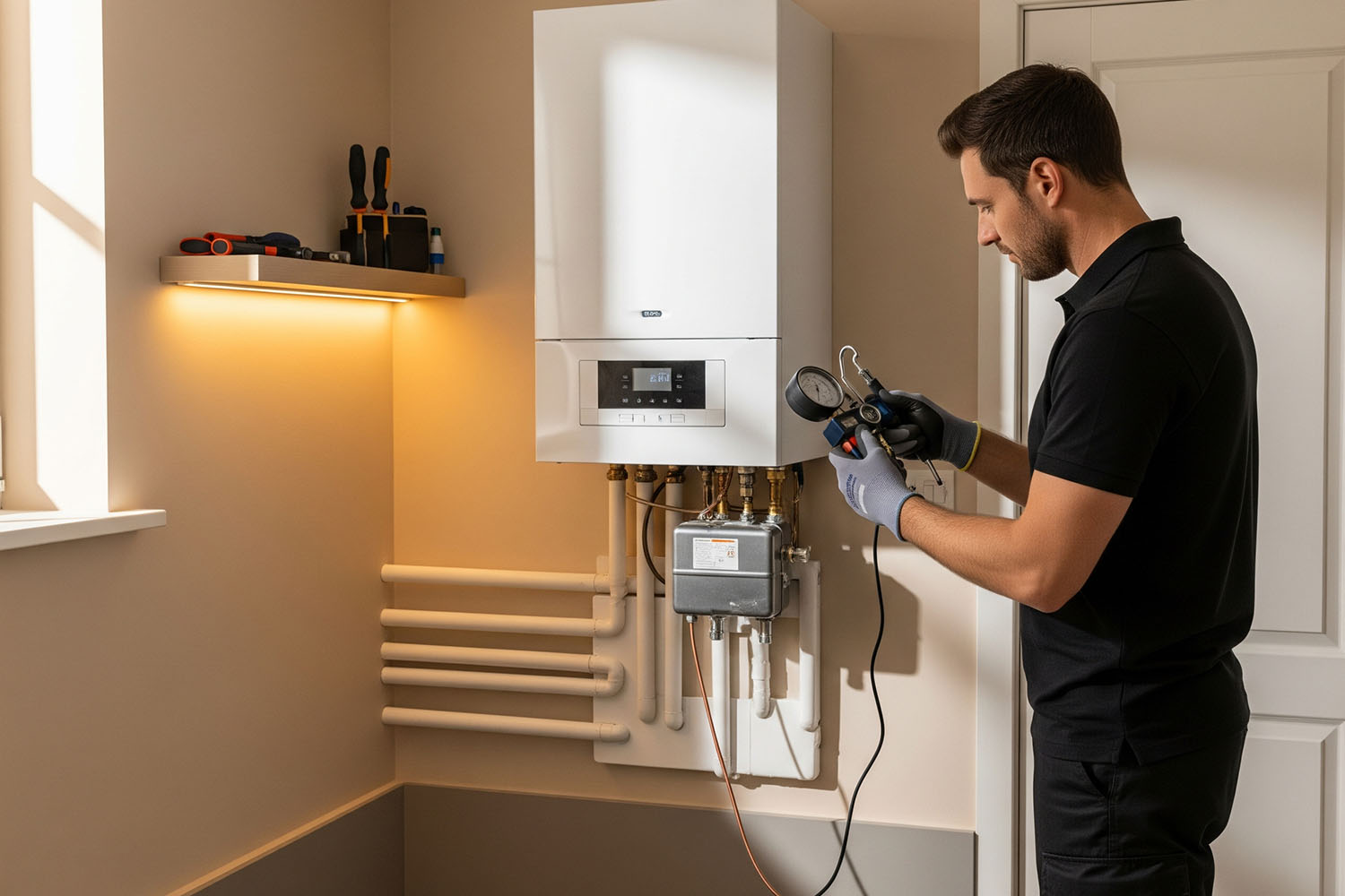 A technician repairing a boiler