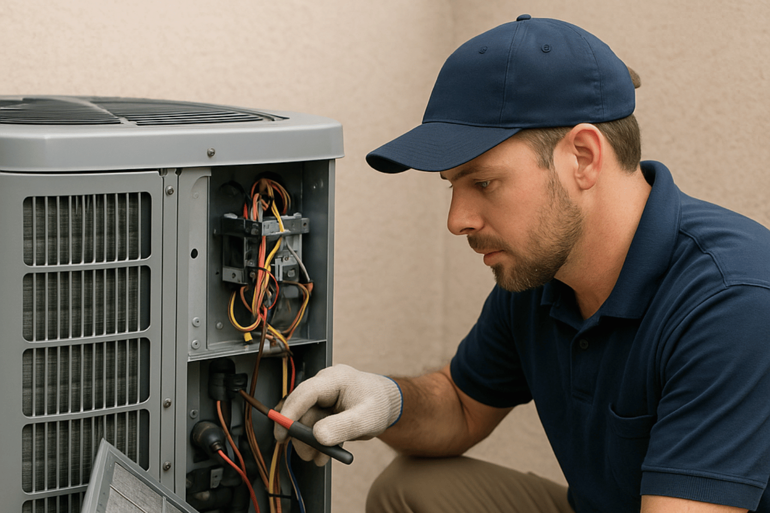 An HVAC technician is performing routine maintenance on an outdoor unit.