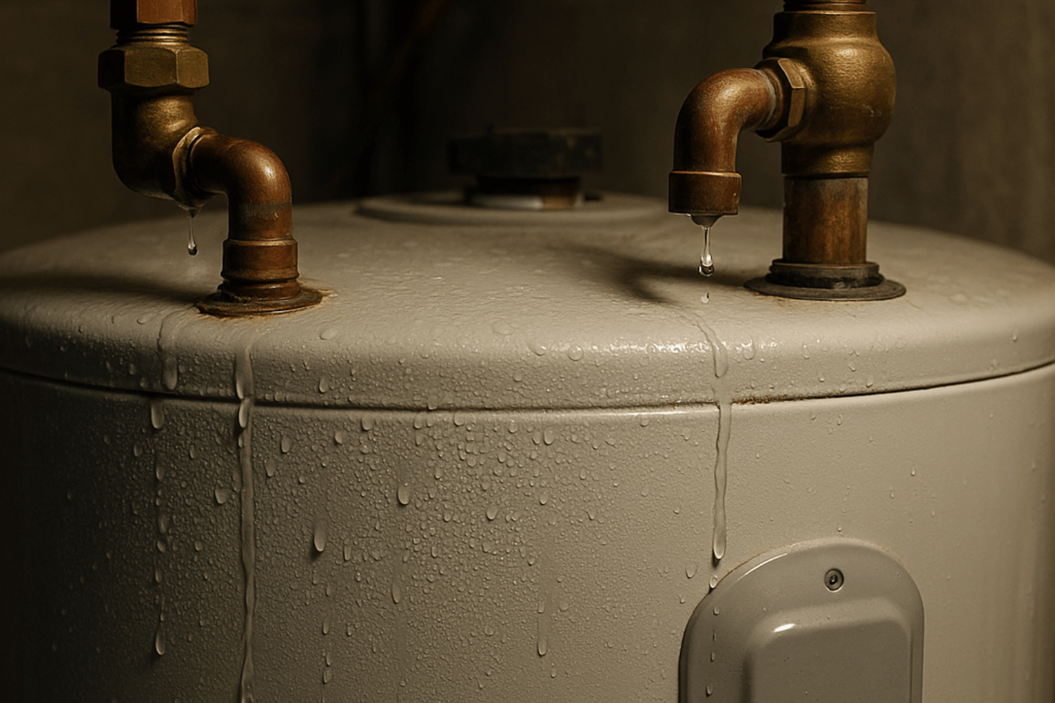 Common sources of leaks in a water heater, including visible fittings.
