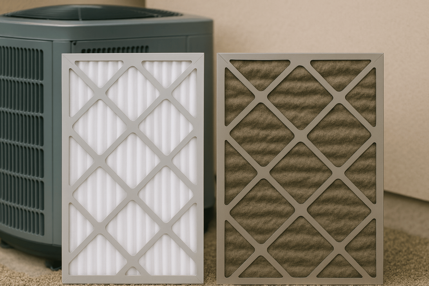 In the image, a clean HVAC air filter is displayed on the left, showcasing its white, unobstructed surface, while a dirty air filter on the right is visibly clogged with dust and debris