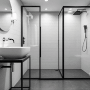 In this modern bathroom design, white walls and bright green accents create a serene space