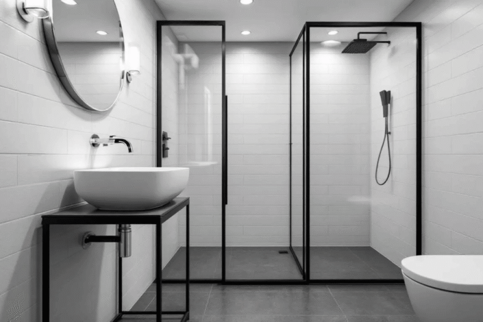 In this modern bathroom design, white walls and bright green accents create a serene space
