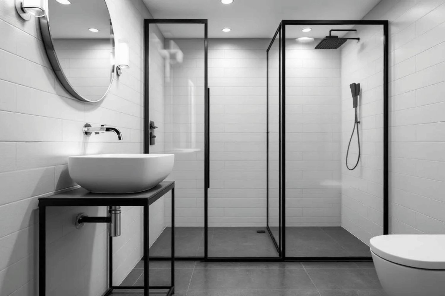 In this modern bathroom design, white walls and bright green accents create a serene space