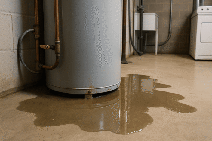 Puddles around a water heater indicating potential leaks.
