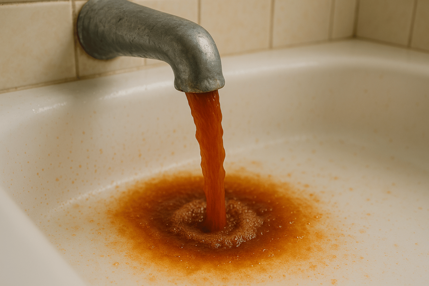 Rusty water flowing from a tap, indicating issues with the water heater.