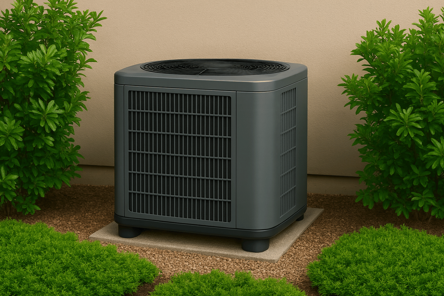 The image depicts an outdoor HVAC unit surrounded by well-maintained landscaping