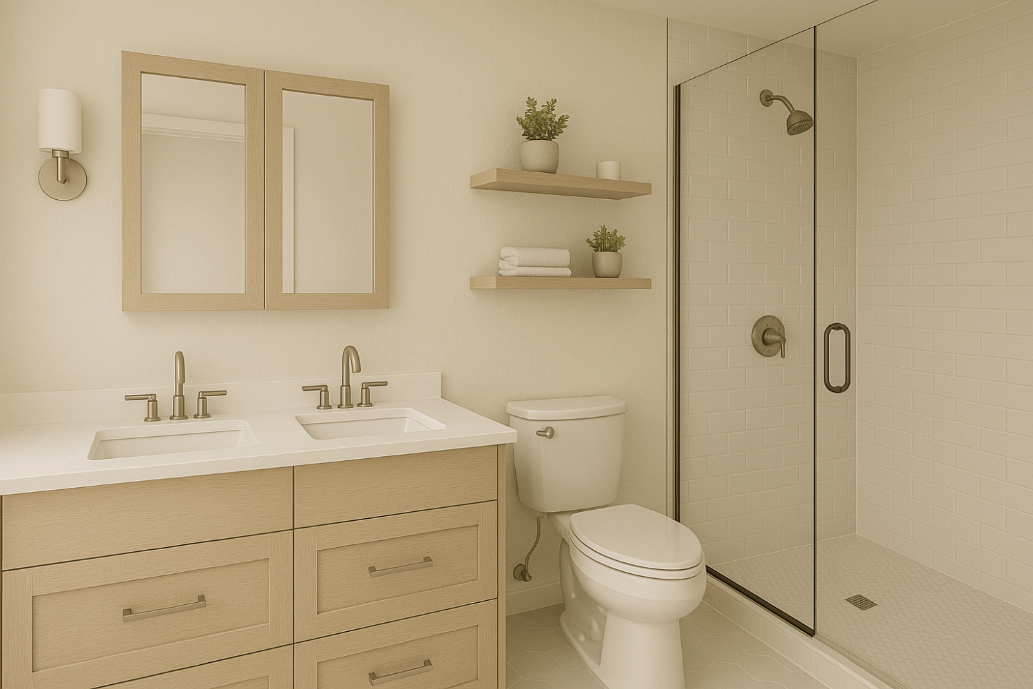 The image showcases a variety of bathroom fixtures and materials