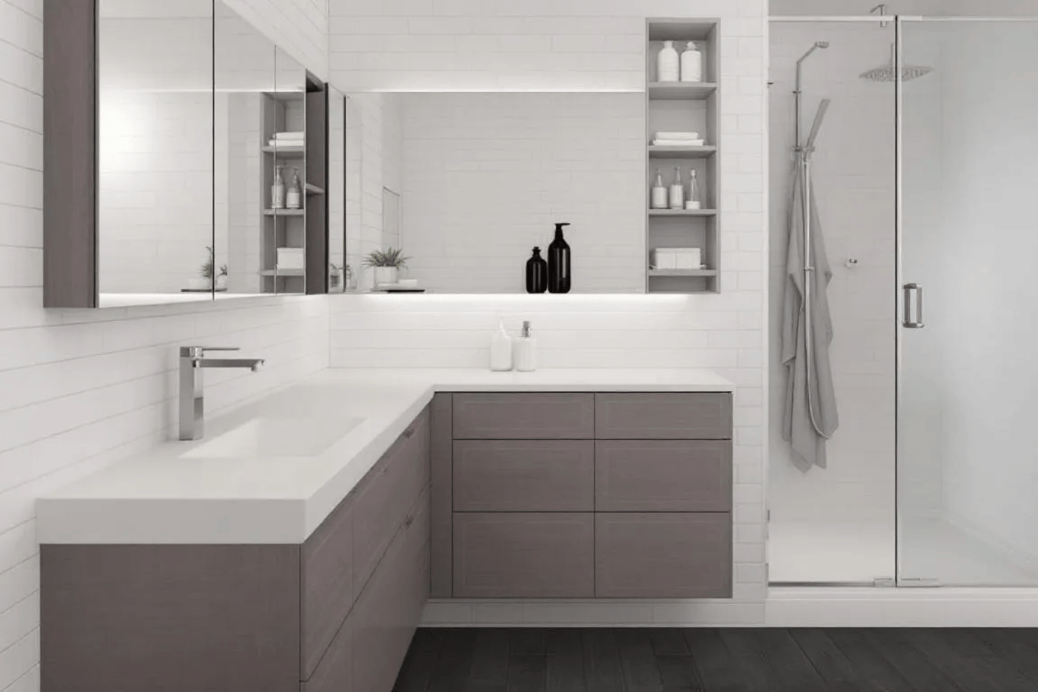The image showcases an organized bathroom with creative storage solutions