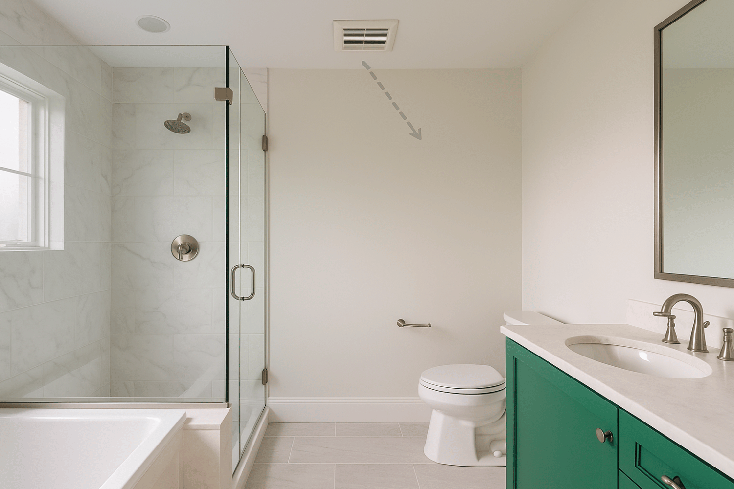 A bathroom layout diagram illustrates the optimal placement of a bathroom exhaust fan in relation to the shower and fixtures, highlighting how proper positioning can enhance air quality, reduce moisture, and prevent mold growth.