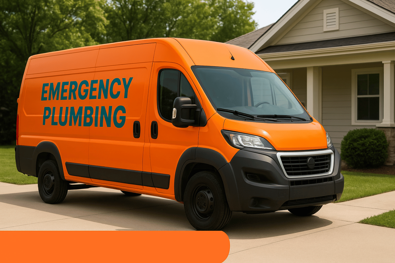 A bright-colored emergency plumbing service vehicle is parked in front of a residential home