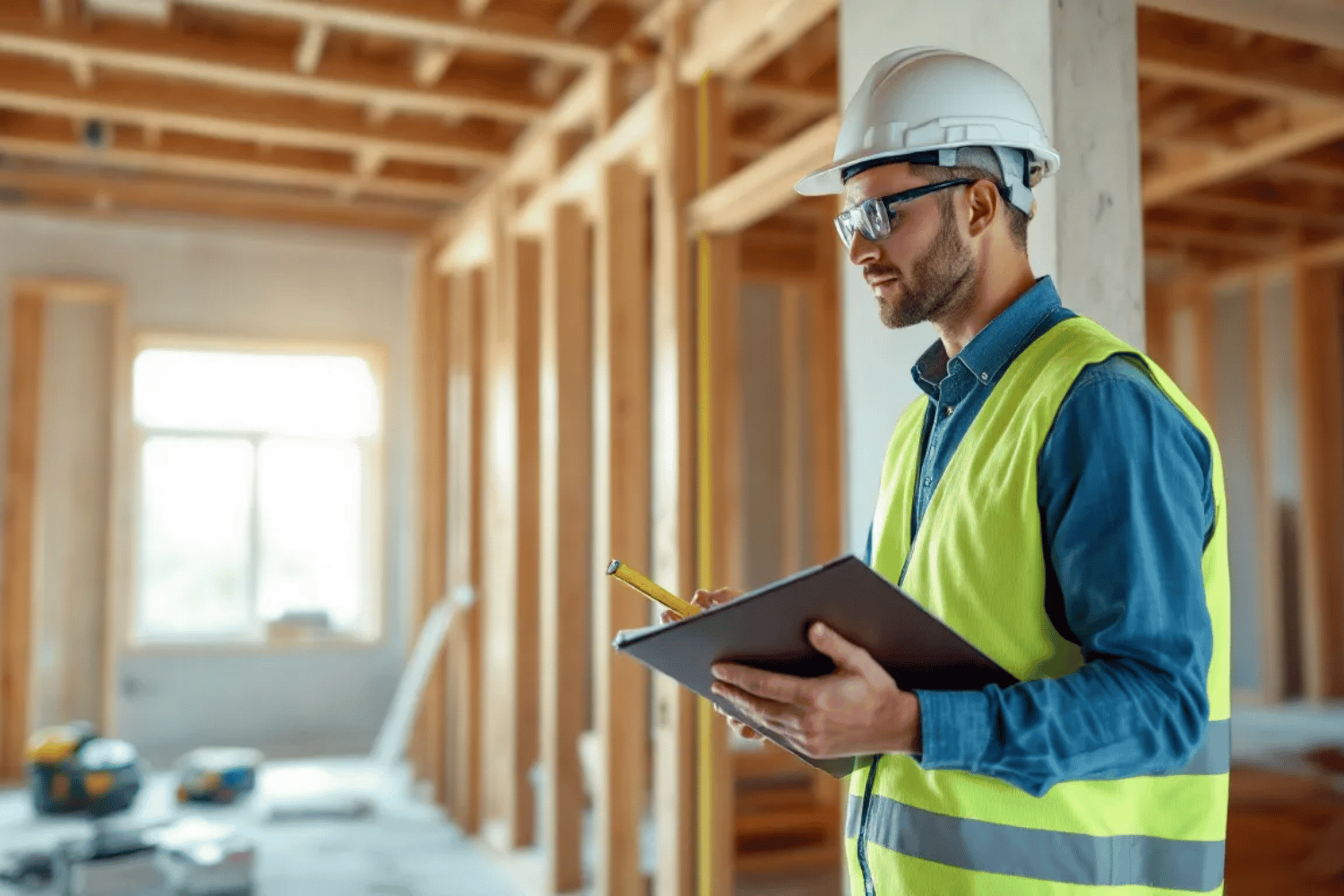 In the image, workers are installing steel beams in a residential construction site to support the removal of a load-bearing wall, ensuring the structural integrity of the building by properly transferring loads through the new structural components. The scene highlights the importance of design decisions made by structural engineers to maintain stability and safety against various forces such as wind, snow, and seismic loads.