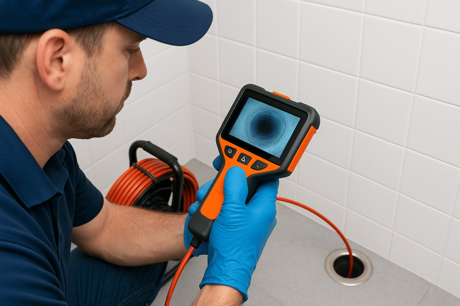 A professional plumber is using video camera inspection equipment to assess a drain pipe