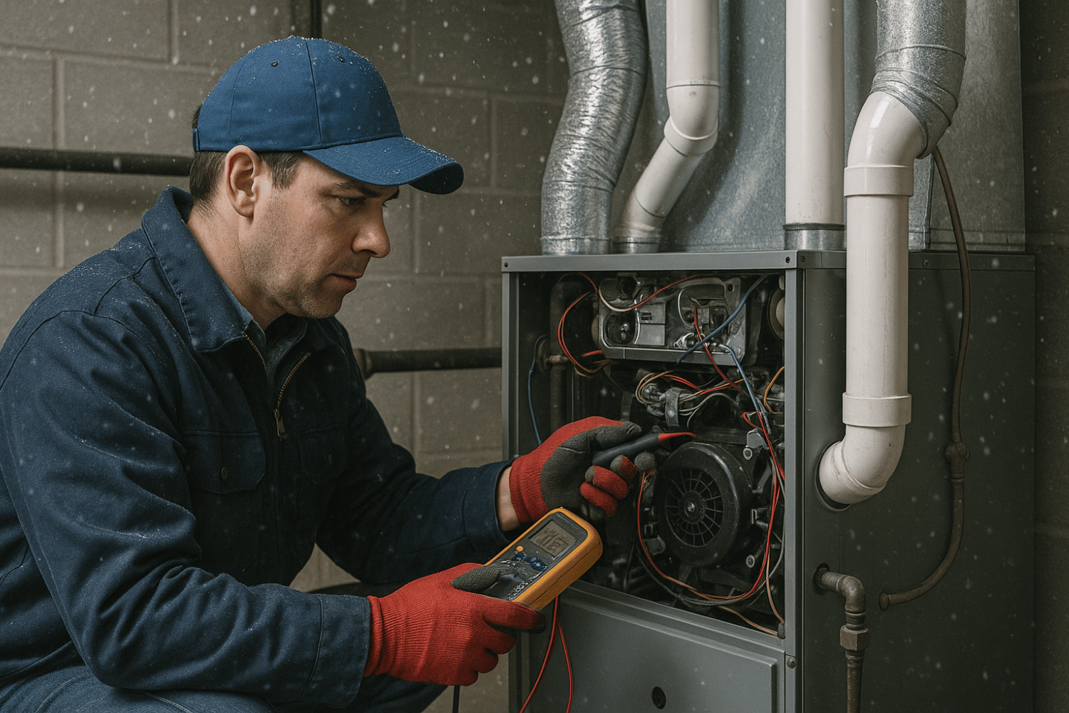 An HVAC technician is performing maintenance on a furnace system, ensuring it operates efficiently during the cold weather and harsh winter conditions.