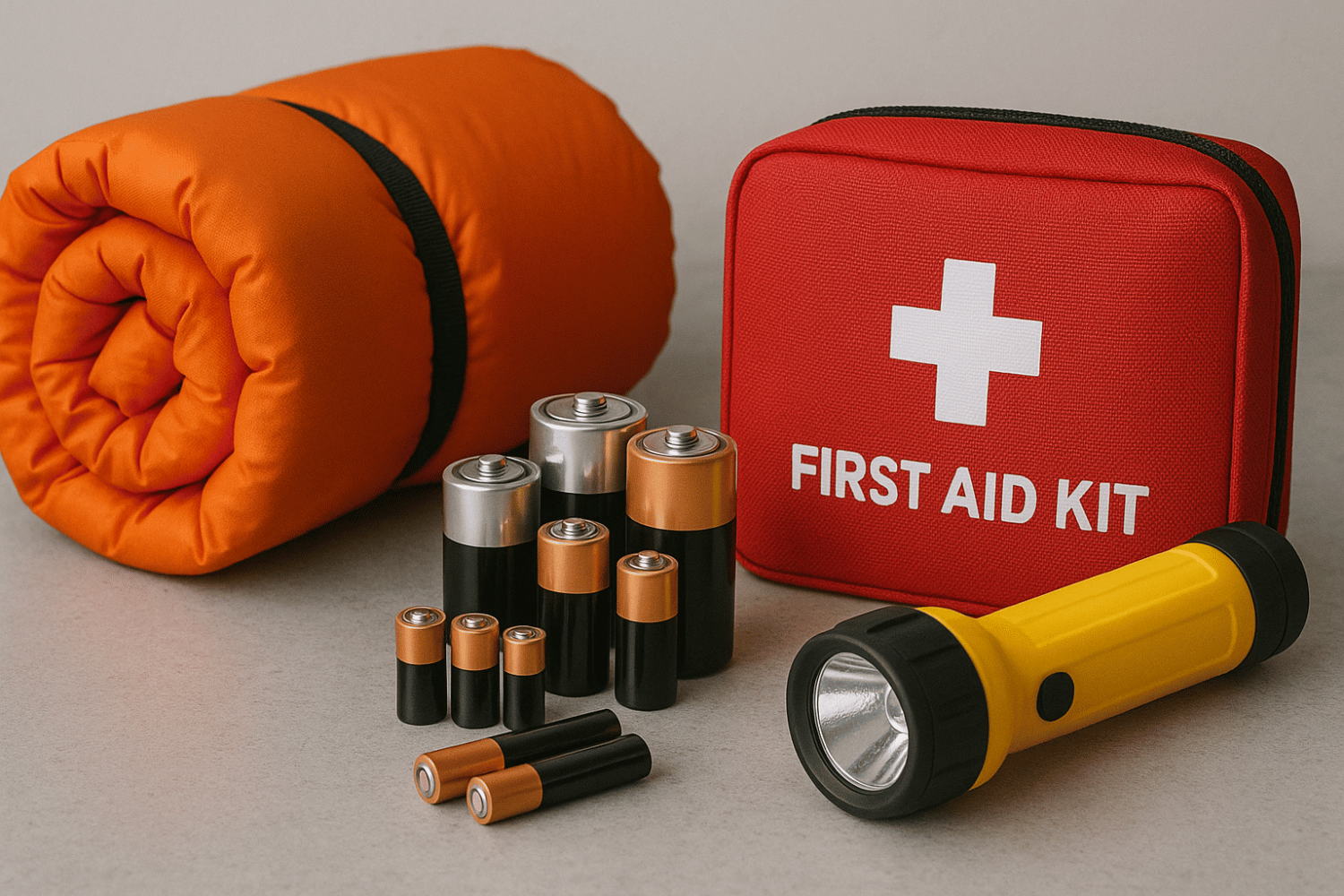 Emergency supplies are arranged on a surface, featuring flashlights, batteries, and a first aid kit, ready for use during winter storms or power outages.