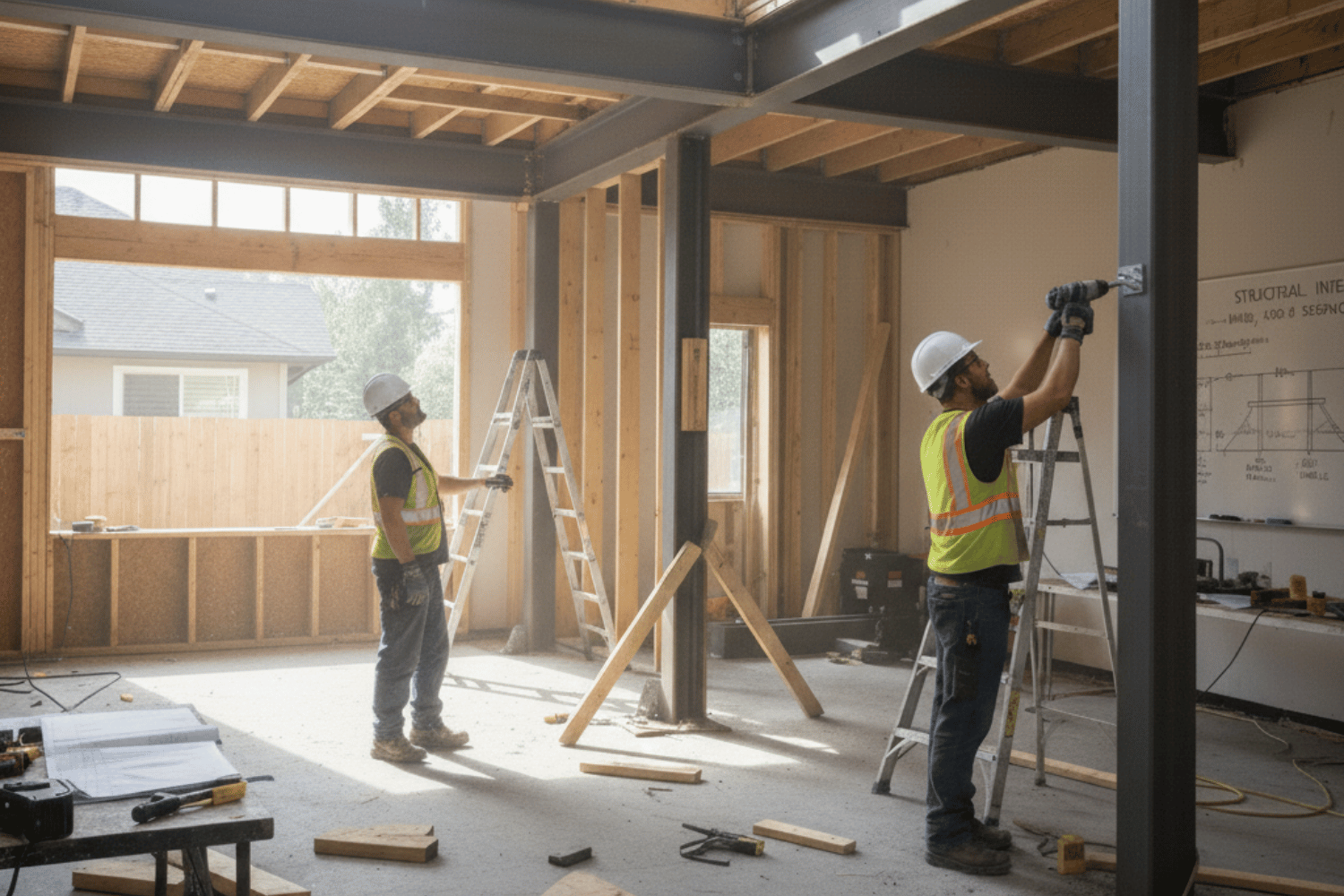 In the image, workers are installing steel beams in a residential construction site to support the removal of a load-bearing wall, ensuring the structural integrity of the building by properly transferring loads through the new structural components.