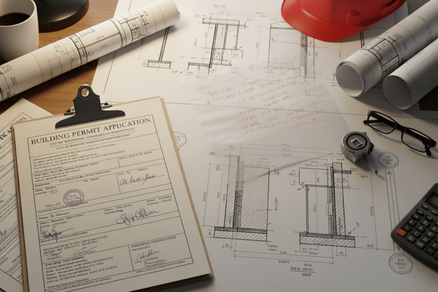 The image shows a collection of building permit application documents alongside detailed construction plans, featuring diagrams of structural components such as shear walls, beams, and columns.