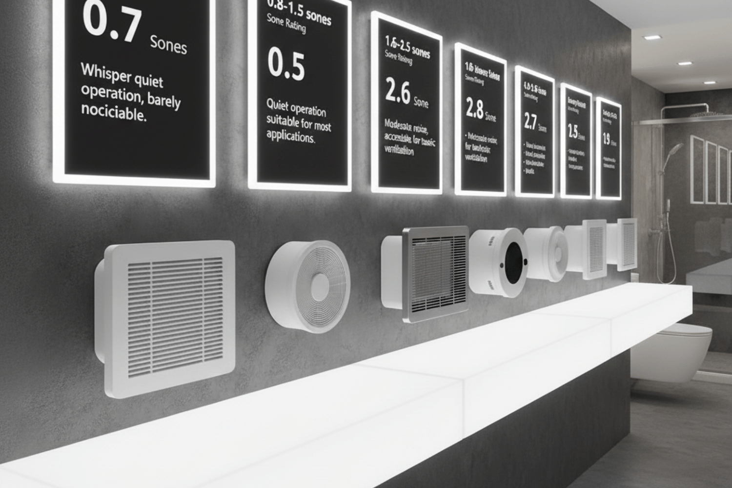 This image displays a comparison of various bathroom exhaust fan models, highlighting their noise level differences through sone ratings.