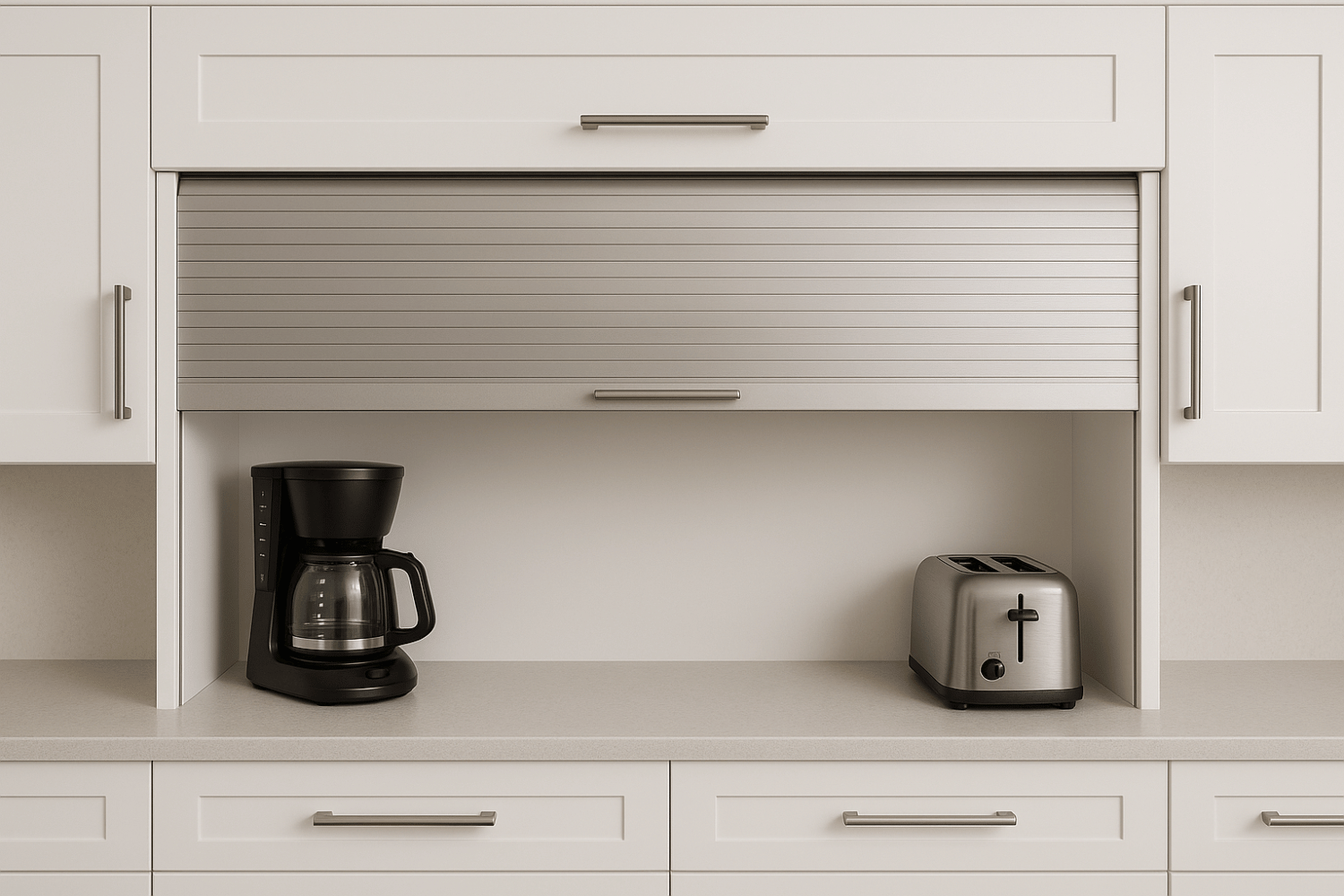 A built-in appliance garage concealing small kitchen appliances for a clean countertop look in a remodeled Duluth, MN kitchen.