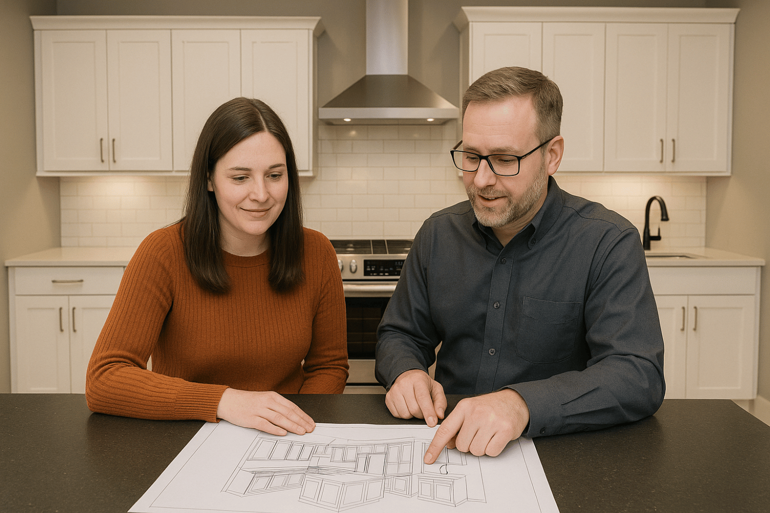 A homeowner meeting with a J&RS designer in the Duluth showroom to plan a kitchen remodel featuring custom pantries and pull-out storage solutions.