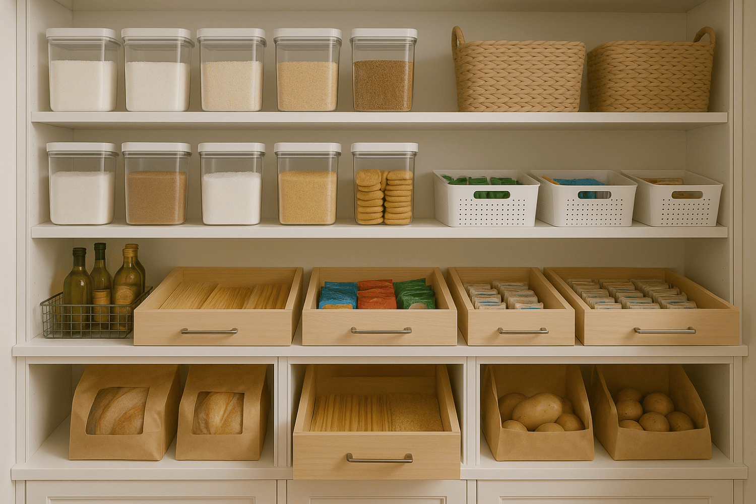 A walk-in pantry with custom shelving and pull-out drawers designed during a kitchen remodel in Duluth, MN, to maximize storage and accessibility.