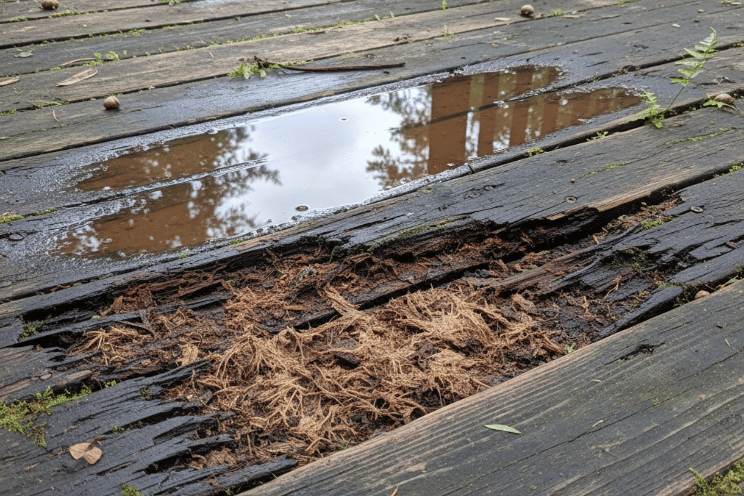 A wooden deck showing signs of moisture rot.