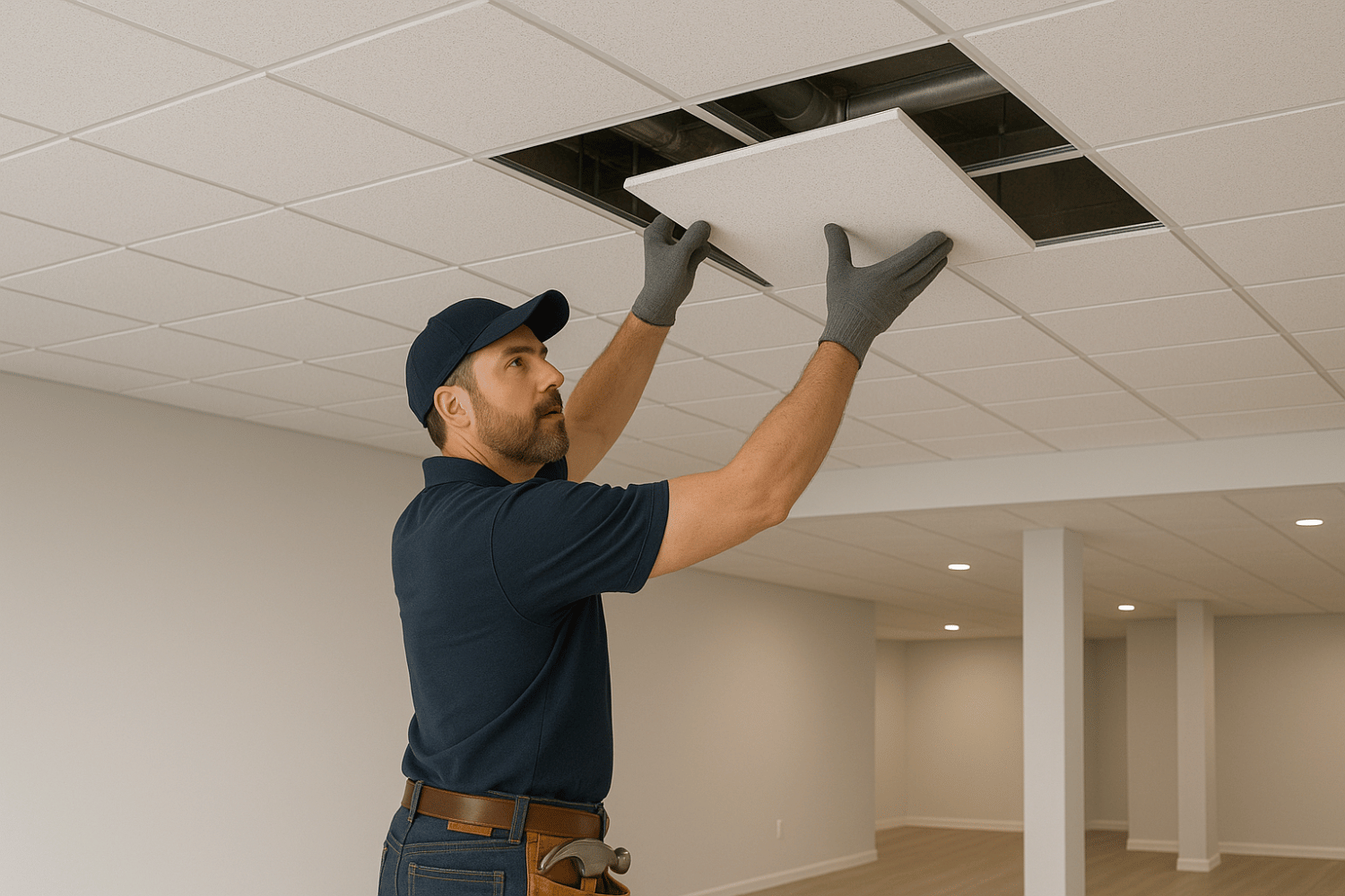 A professional contractor is installing modern ceiling tiles as part of a basement remodel, featuring a drop ceiling system that provides easy access to overhead space for wiring and plumbing. A professional contractor is installing modern ceiling tiles as part of a basement remodel, featuring a drop ceiling system that provides easy access to overhead space for wiring and plumbing. The tiles are designed for sound absorption, enhancing the basement's acoustics while maintaining a smooth and seamless appearance.