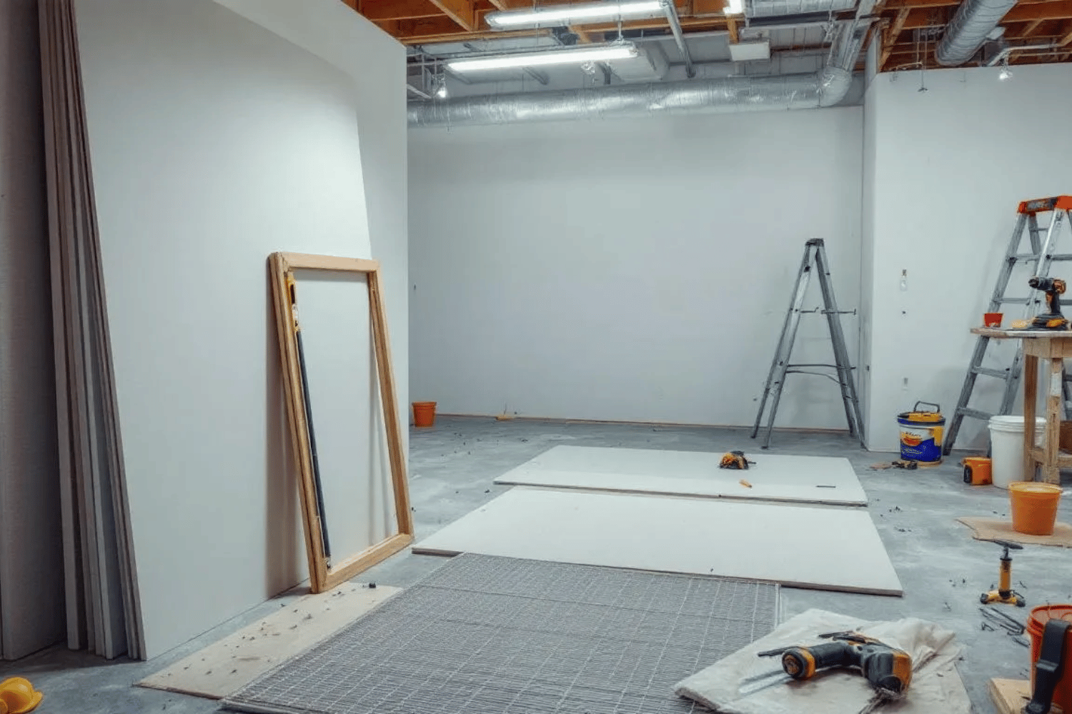 The image depicts a professional renovation workspace filled with tools and materials for installing drywall and drop ceilings, including ceiling tiles and a grid system. The image depicts a professional renovation workspace filled with tools and materials for installing drywall and drop ceilings, including ceiling tiles and a grid system. The setting suggests a focus on efficient installation methods for both drywall ceilings and suspended ceilings, highlighting the importance of proper maintenance and sound absorption in finished spaces like basements or creative studios.